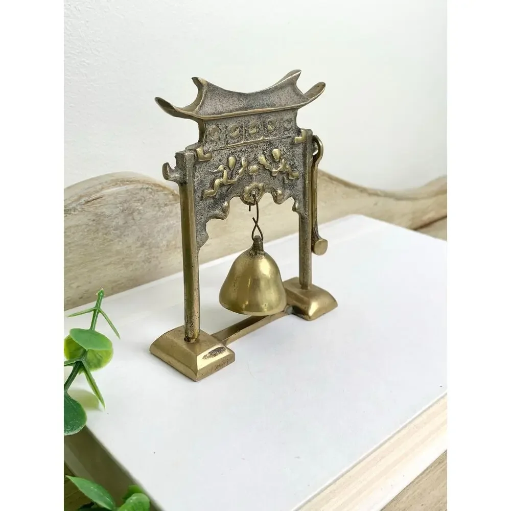Vintage Lobeco Brass Pagoda Gong Miniature Bell With Striker Chinoiserie Decor
